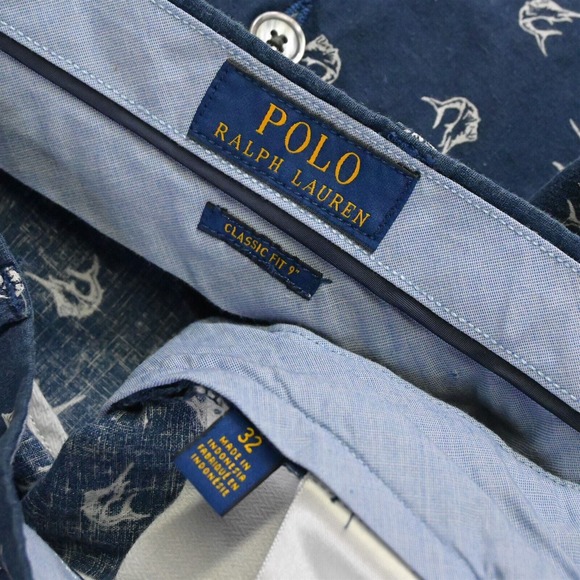 Polo Ralph Lauren 32 x 9" Navy Blue All Over Swordfish Linen Chino Shorts - Picture 3 of 5